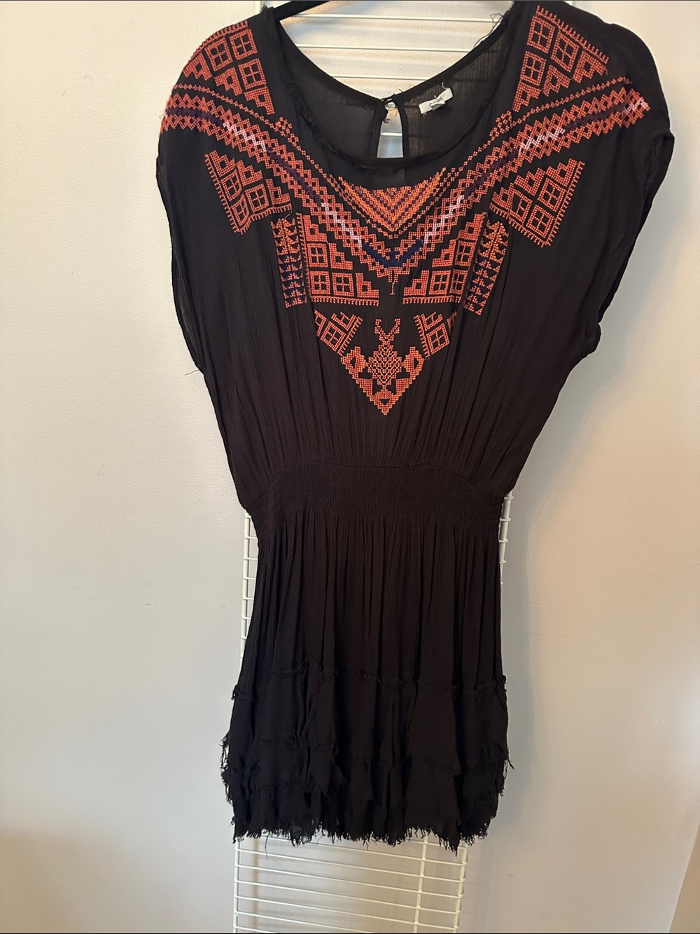 Ecote Black Mini Dress with Red Geometric Embroidery